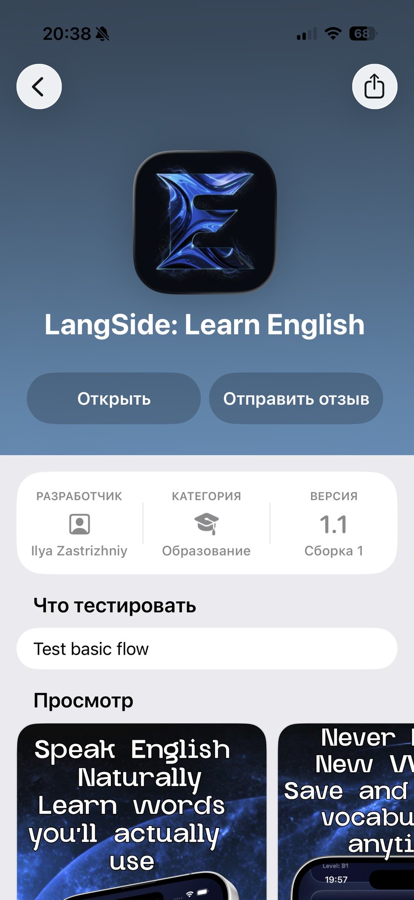 TestFlight page for LangSide: Learn English, version 1.1 build 1